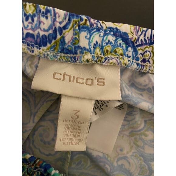 Chico's Pants Womens 3 US XL Blue Green Paisley Pull On Wide Leg Cropped Stretch - Picture 3 of 9